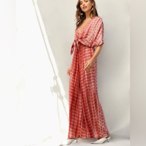 Plunging Neck Knot Front Tie Dye Palazzo Jumpsuit - Picture 5 of 6